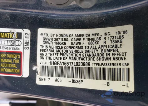 2007 Honda Civic Lx из США, поврежденный, VIN 1HGFA16517L023989